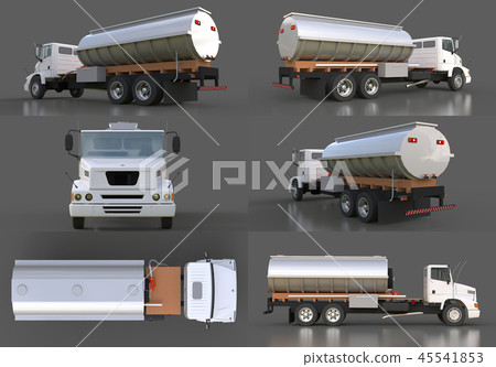 Set large white truck tanker with a polished metal trailer. Views from all sides. 3d illustration. Set large white truck tanker with a polished metal trailer. Views from all sides. 3d illustration. 45541853