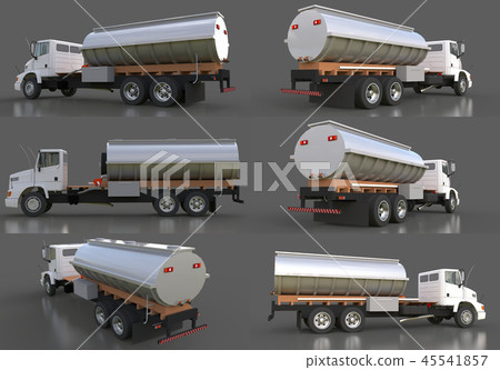 Set large white truck tanker with a polished metal trailer. Views from all sides. 3d illustration. Set large white truck tanker with a polished metal trailer. Views from all sides. 3d illustration. 45541857
