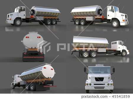 Set large white truck tanker with a polished metal trailer. Views from all sides. 3d illustration. 45541859