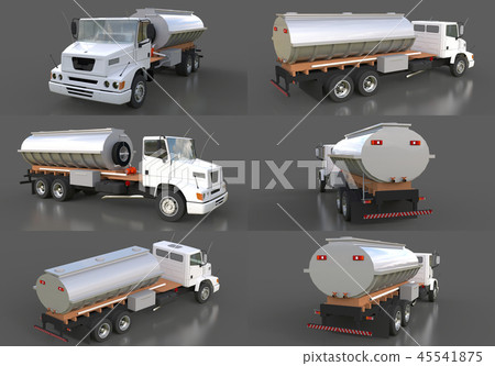Set large white truck tanker with a polished metal trailer. Views from all sides. 3d illustration. Set large white truck tanker with a polished metal trailer. Views from all sides. 3d illustration. 45541875