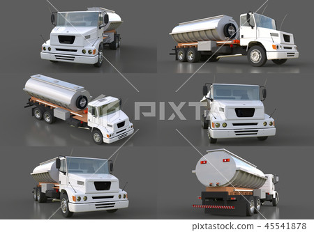 Set large white truck tanker with a polished metal trailer. Views from all sides. 3d illustration. Set large white truck tanker with a polished metal trailer. Views from all sides. 3d illustration. 45541878