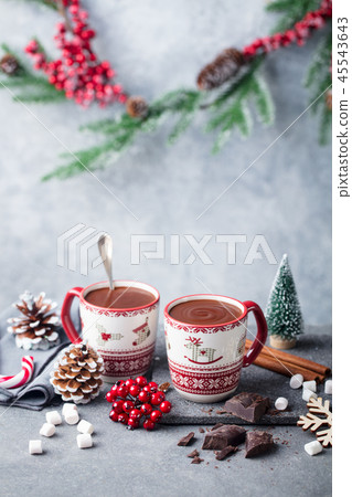 Hot chocolate with marshmallows. Christmas, New Year decoration. Grey background. Copy space. 45543643