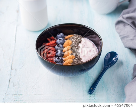 Yogurt smoothie bowl with berries, nuts, chia Yogurt smoothie bowl with berries, nuts, chia 45547004