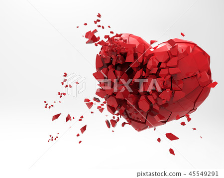 3D heart breaking render illustration on white BG 45549291
