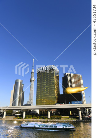 東京城市景觀在日本東京天空樹,水上巴士(Himiko),隅田川等。 東京城市景觀在日本東京天空樹,水上巴士(Himiko),隅田川等。 45551734