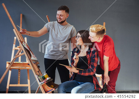 Creative artists have designed a colorful picture painted on canvas with oil paints in the studio 45554292