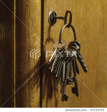 Keys in lock old door. Internet protection concept 45554555