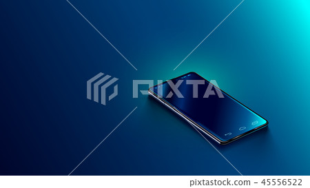 Modern black smart phone lies on a smooth dark blue surface or table in perspective view. Realistic 45556522