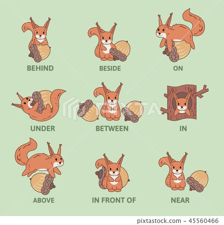 图库插图: table of prepositions of place with funny animal
