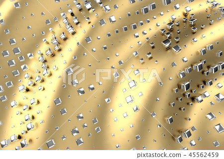 Silver or white gold platinum blocks cubes over metal yellow wave background. Modeling 3d 45562459