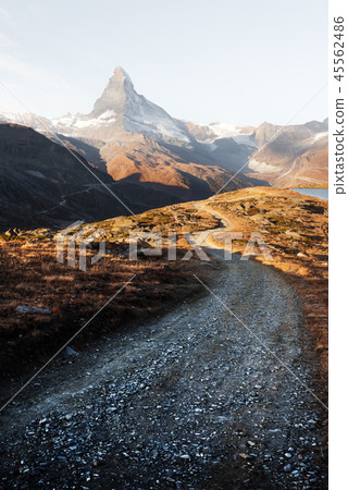 Picturesque view of Matterhorn peak and Stellisee lake in Swiss Alps 45562486