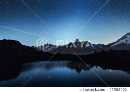 Picturesque night view of Chesery lake in France Alps Picturesque night view of Chesery lake in France Alps 45562492