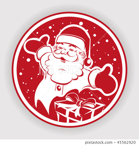 Christmas red round sign with the silhouette of Santa Claus with arms apart and gift box. Christmas red round sign with the silhouette of Santa Claus with arms apart and gift box. 45562920