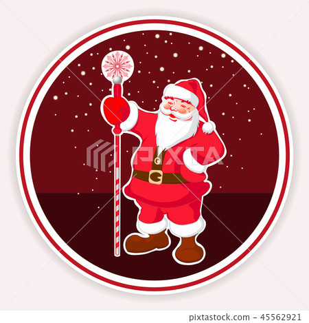 Christmas red round sign with a Santa Claus pattern with a staff and snowflakes. 45562921