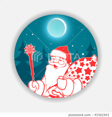 Christmas blue round sign with a pattern of Santa Claus with a staff and a bag. Christmas blue round sign with a pattern of Santa Claus with a staff and a bag. 45562941