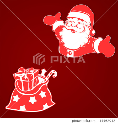 Christmas composition with a pattern of Santa Claus with his arms spread and a bag with gifts. Christmas composition with a pattern of Santa Claus with his arms spread and a bag with gifts. 45562942