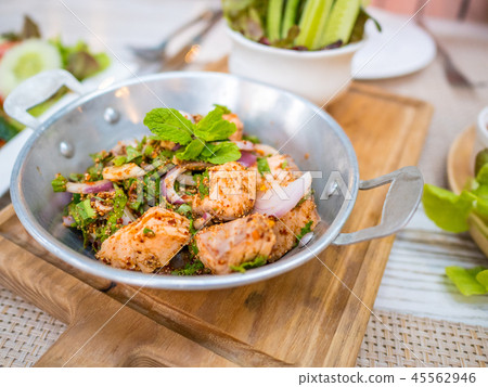 Thai food fusion style, spicy minced salmon salad Thai food fusion style, spicy minced salmon salad 45562946