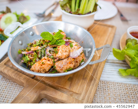 Thai food fusion style, spicy minced salmon salad Thai food fusion style, spicy minced salmon salad 45562947