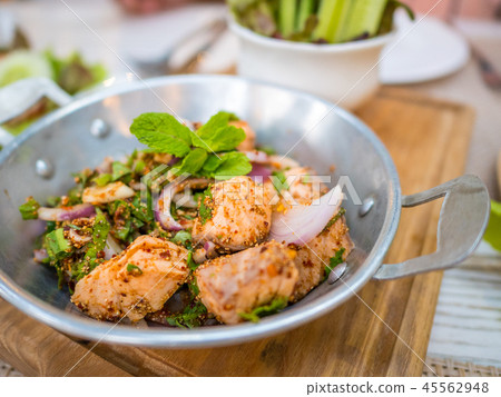 Thai food fusion style, spicy minced salmon salad Thai food fusion style, spicy minced salmon salad 45562948