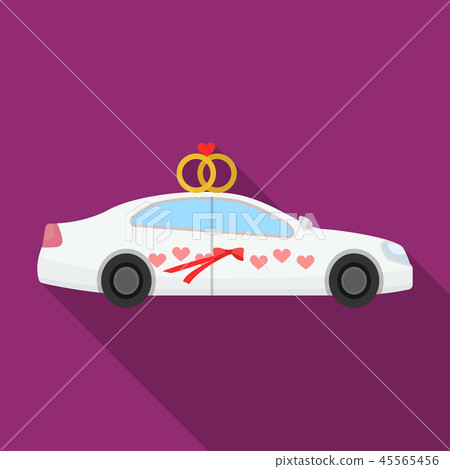 White wedding car with rings. Auto for the bride and groom.Wedding single icon in flat style vector White wedding car with rings. Auto for the bride and groom.Wedding single icon in flat style vector 45565456