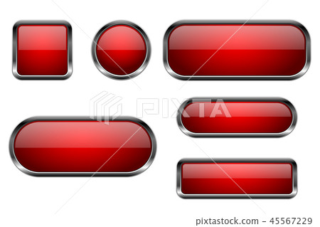 Red buttons set. 3d glass icons with chrome frame - Stock Illustration ...