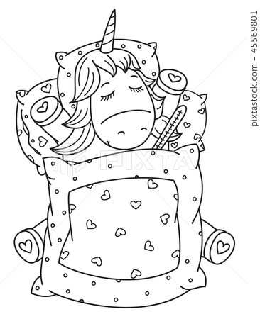 Vector sick unicorn with thermometer in bed. 45569801