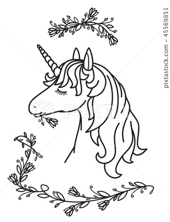 Vector cute unicorn portrait and floral elements. Vector cute unicorn portrait and floral elements. 45569851