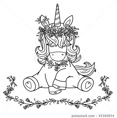 Vector cute sitting unicorn in wreath. Vector cute sitting unicorn in wreath. 45569854