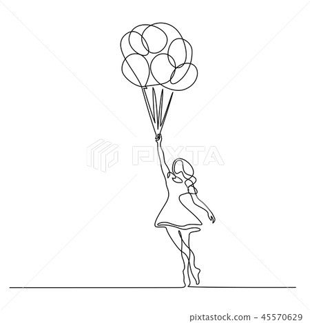 Girl flying with balloon Continuous one line 45570629