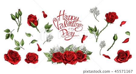 Red roses hand drawn illustration elements colored set Red roses hand drawn illustration elements colored set 45571167