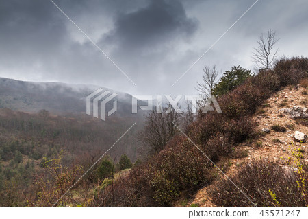Dark mountain landscape with fog Dark mountain landscape with fog 45571247