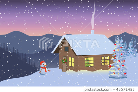 Winter evening with illuminated house, snowman Winter evening with illuminated house, snowman 45571485