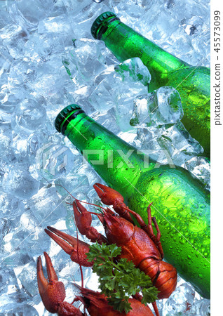 Bottle of beer with crayfish in ice cubes.Closeup. 45573099