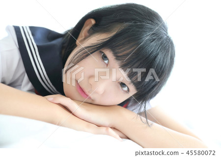Portrait japanese school girl in white tone bed room 45580072
