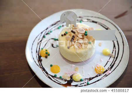 Japanese cheese cake on wood background 45580817