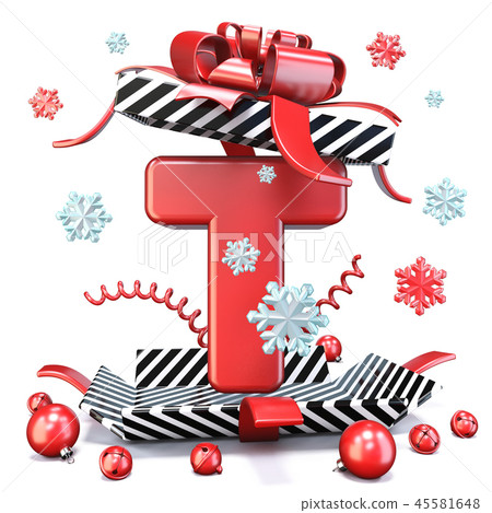 Red Letter T inside open gift box 3D 45581648