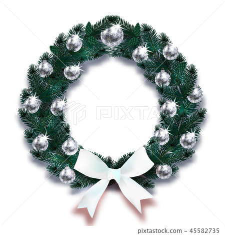 Christmas, New Year. Dark Green branches of spruce in the form of a Christmas wreath with silver 45582735