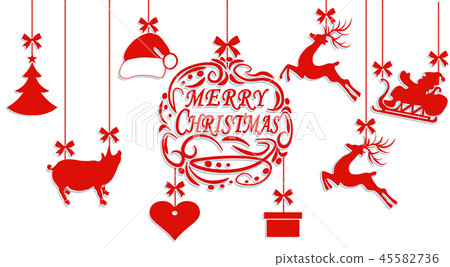Merry Christmas. Santa Claus hat, deer, heart, gift, Pig and Christmas tree. Cut out of paper 45582736