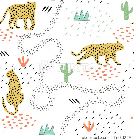 Seamless pattern with silhouettes of hand drawn spots leopards. Trendy wild animals texture for kids 45583209