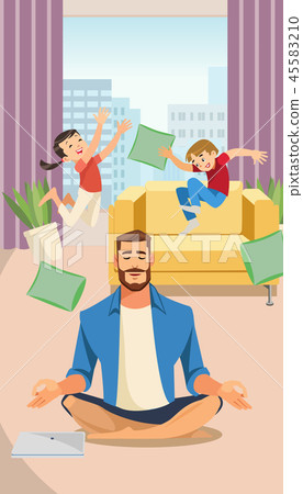 Happy father in Lotus pose with Playing Children Happy father in Lotus pose with Playing Children 45583210