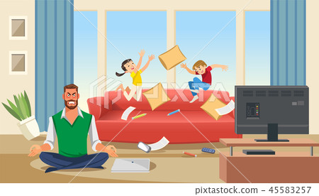 Father in a state of stress with playing children Father in a state of stress with playing children 45583257