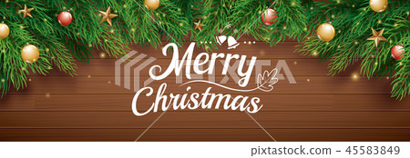 Christmas greeting card with fir tree on wooden 45583849