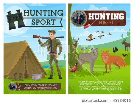 Hunting sport poster, hunter and animals 45584016