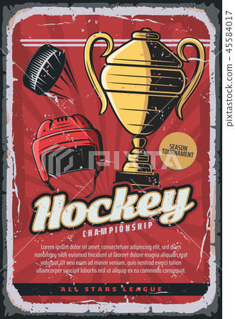 Ice hockey sport, helmet, puck and trophy cup 45584017