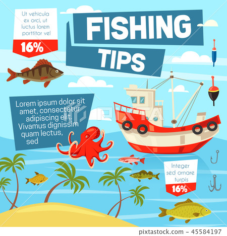 Fishery and fishing from boat, vector 45584197