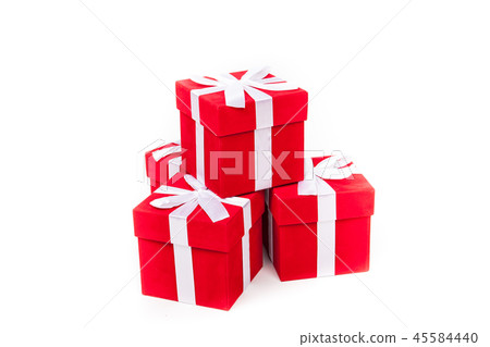 Christmas red gift boxes in the shape of a pyramid, Isolated on white 45584440