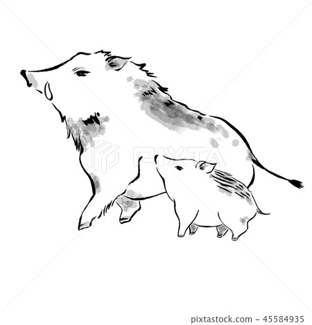 野豬父母和兒童水墨畫風格 45584935