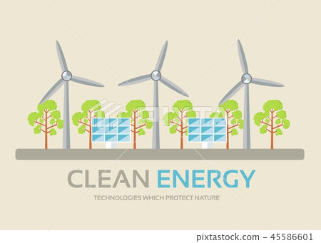 Ecology technology in flat design background concept. Eco clean energy around green tree for protect Ecology technology in flat design background concept. Eco clean energy around green tree for protect 45586601