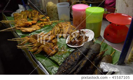 Thai street food. night market in Thailand, products on the shelves. 45587105