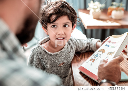 Funny cute boy feeling concerned while studying reading with father 45587264